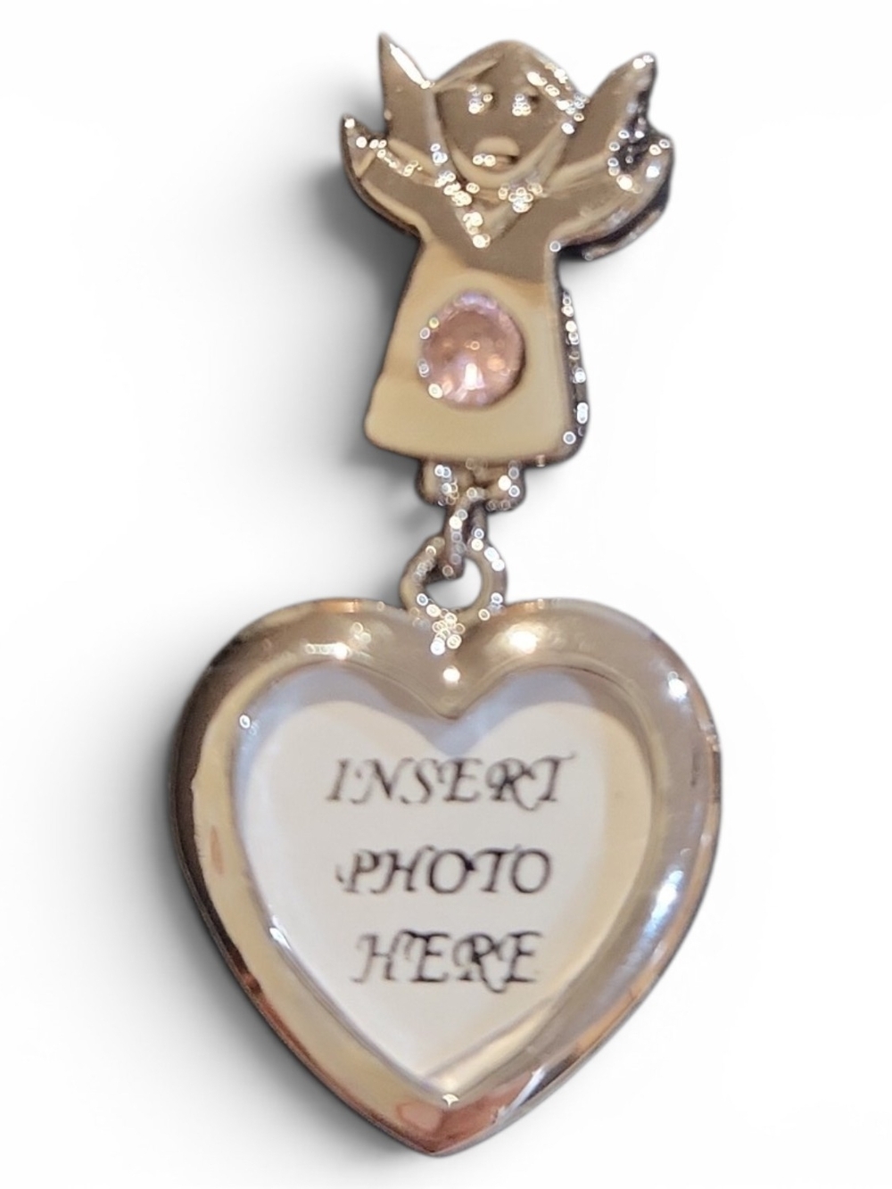 Cookie Lee Silver-Tone Angel Heart Photo Brooch with Pink Accent